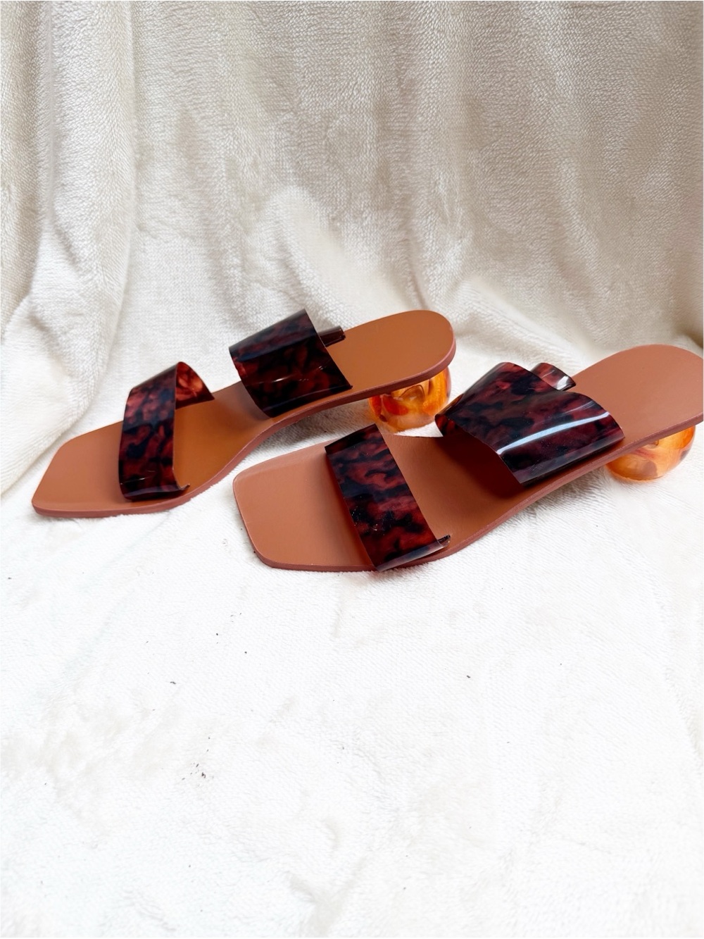 Tortoiseshell Strap Brown Slide Sandals with Amber Heel